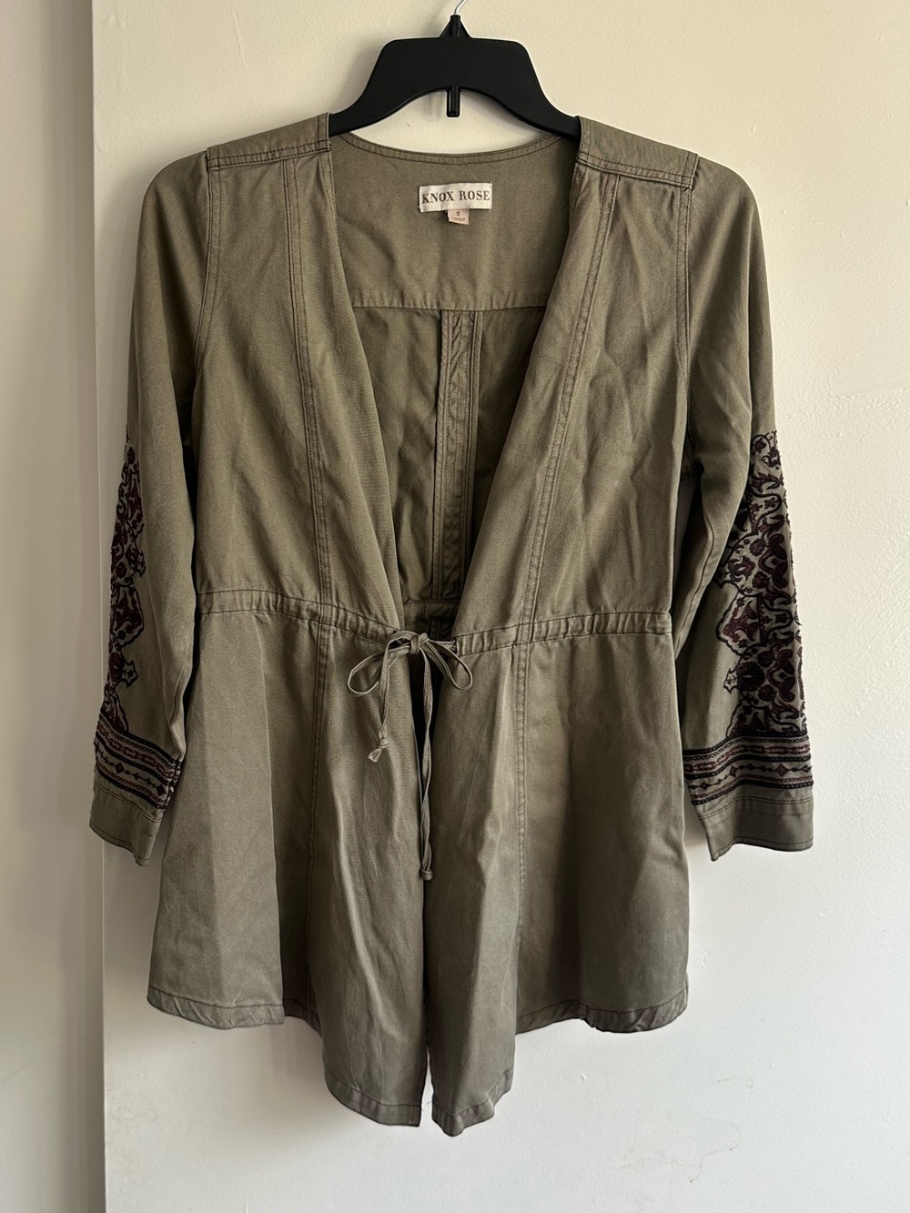 Knox Rose Olive Green Utility Jacket with Embroidered Sleeves
